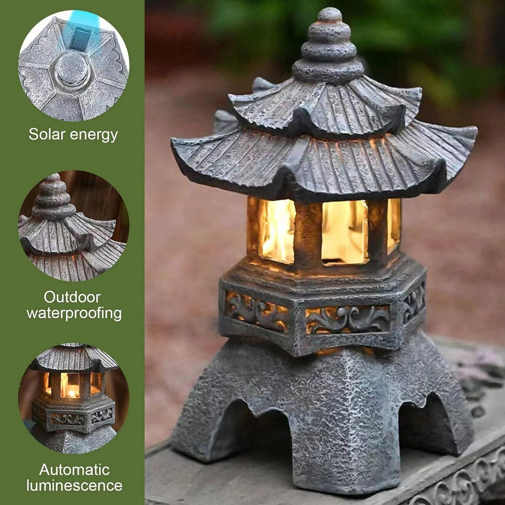Solar Powered Japanese Pagoda Lantern Waterproof Outdoor Garden Decor Light Automatic Luminescence Zen Style Yard Pathway Lamp Oasis Select