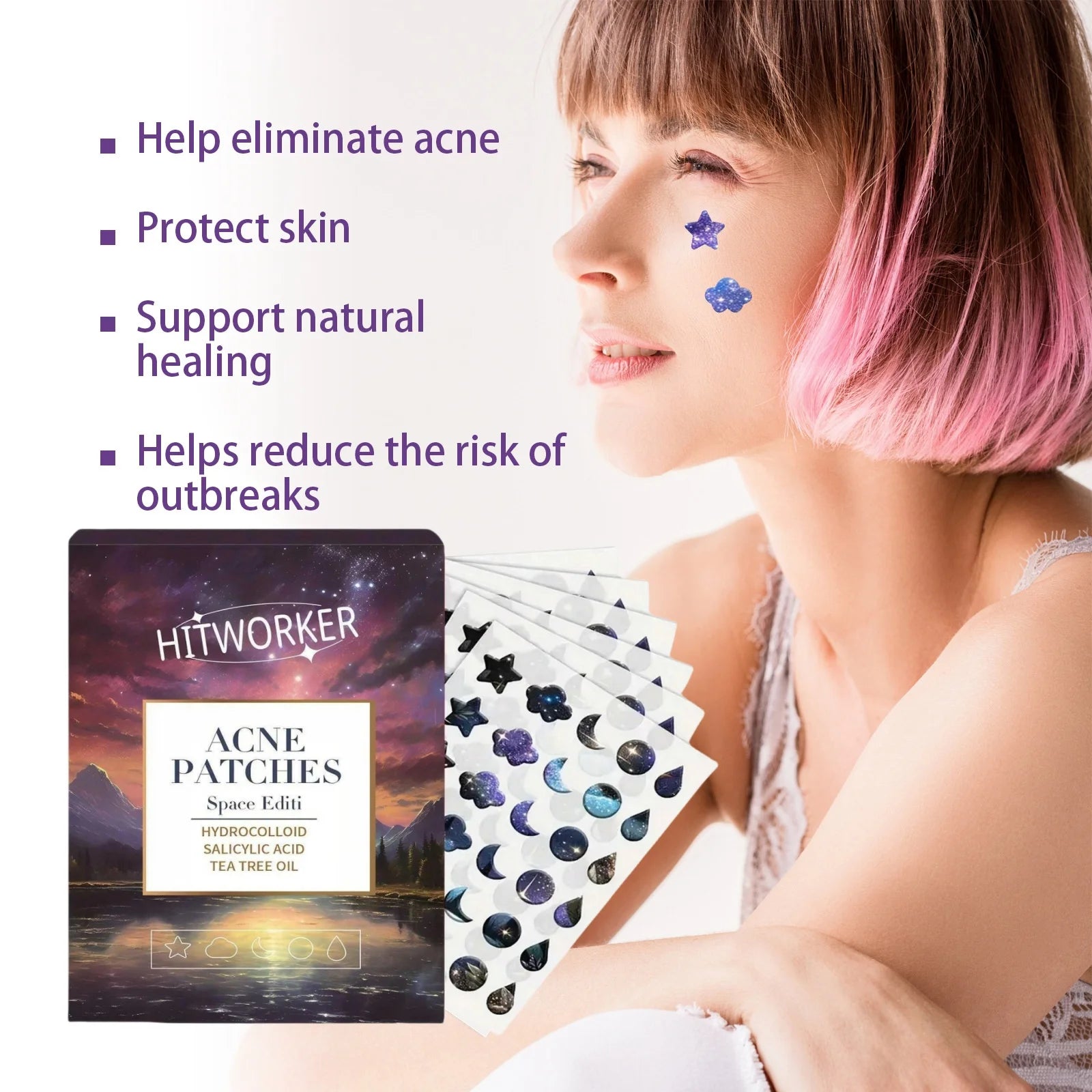 180pcs/box of water-based tea tree oil acne patches, space version designed acne stickers, facial skincare products, Halloween Oasis Select