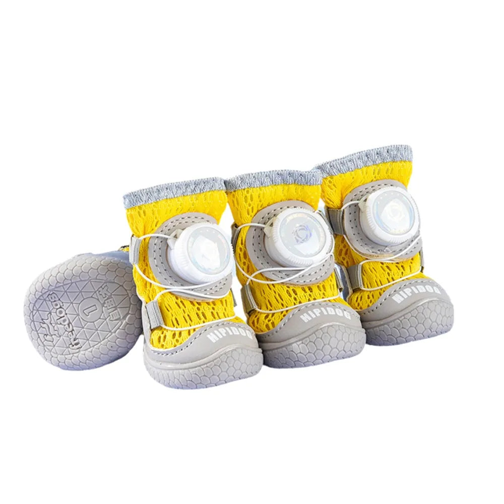 4Pcs/Set Fashion Breathable Button Dog Shoes Anti-slip Reflective Dog Footwear Comfortable Soft Sole Dog Paw Protectors Summer Oasis Select Yellow 8