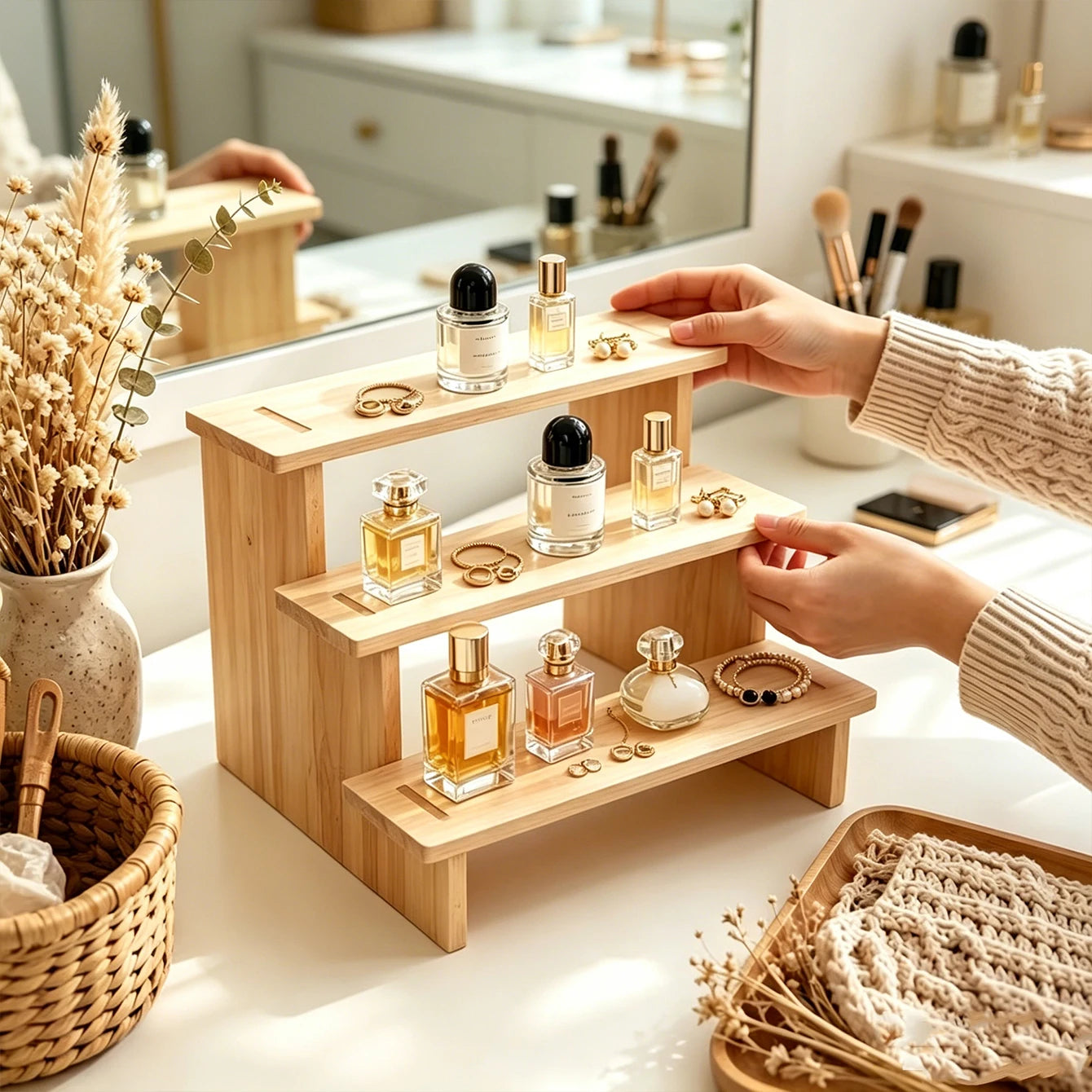 1pc multilayer wooden jewelry storage rack earrings necklace jewelry display rack stepped desktop perfume jewelry support Oasis Select