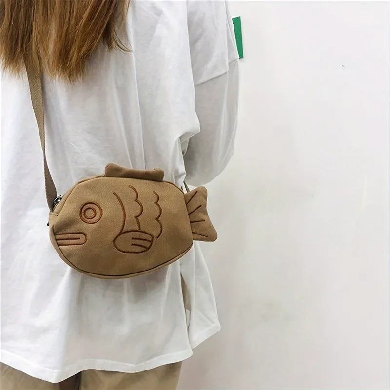 Fish Shape Canvas Messenger Bag Fashion Cute Embroidery Portable Zippered Small Purses Handbags Mini Crossbody Bag Oasis Select