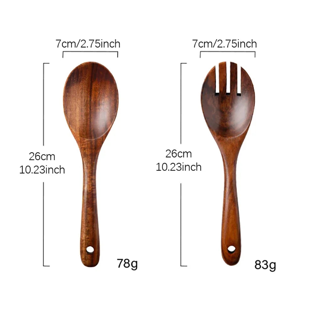 2Pcs Dinnerware Set Wooden Large Spoon Fork Cutlery Set Japanese Style Long Handle Serving Salad Scoop Tableware Kitchen Utensil Oasis Select 2Pcs