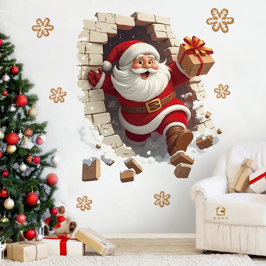 HS1787Q Three-dimensional Wall-breaking Effect Santa Claus in The Snow Gift Self-adhesive Wall Sticker for Holiday Decoration Oasis Select