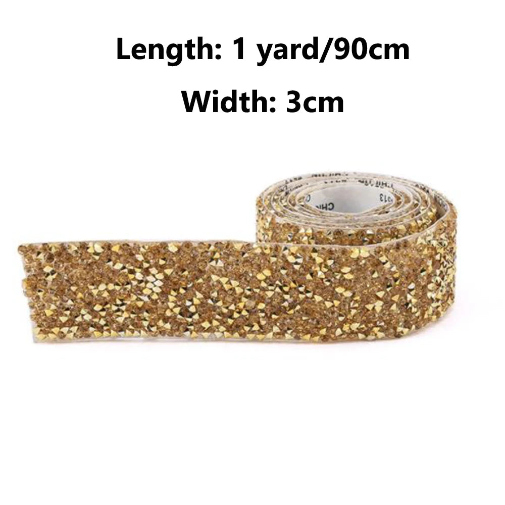 1 Yard Self-Adhesive Gold Crystal Rhinestone Tape Trim Applicator DIY Shoes Dresses Decoration Rhinestones Ribbon Roll Crafts Oasis Select 3cm Gold