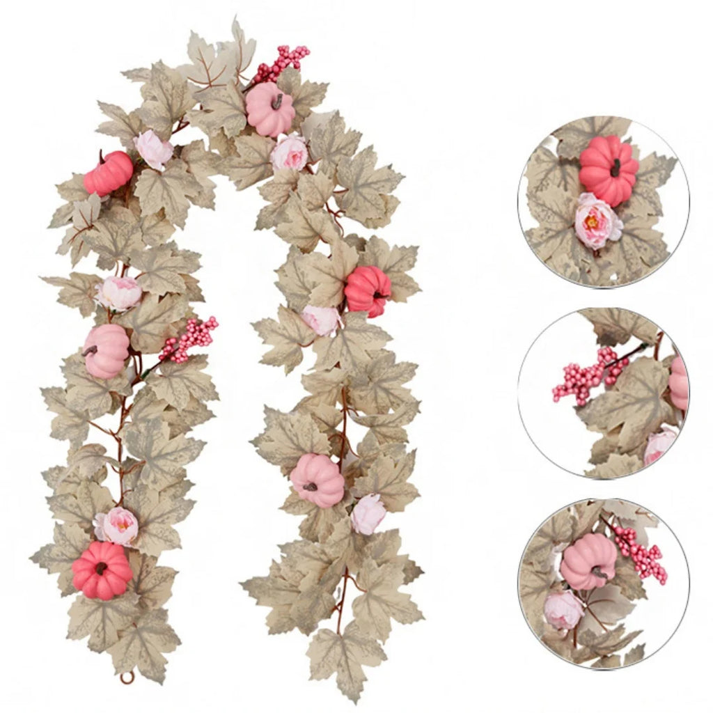 Fall Maple Leaves Garland Hanging Artificial Autumn Garland with Pink Pumpkins Flowers Berries For Halloween Thanksgiving Decor Oasis Select Style B