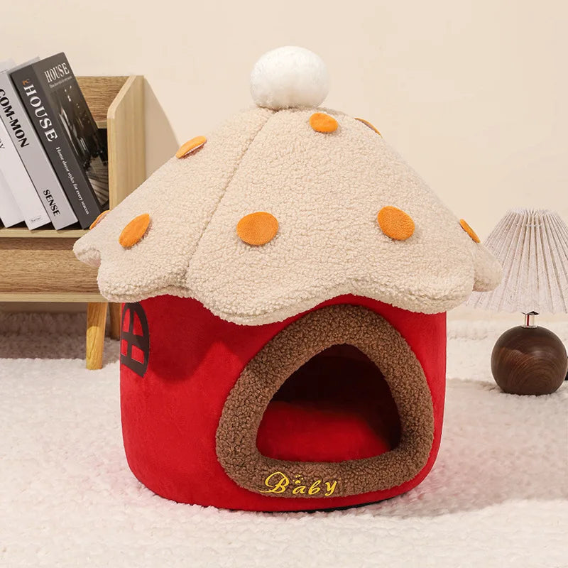 Mushroom House Cat Bed Pet House Dog and Cat Shelter Winter Closed and Warm Mushroom Cat House Detachable Oasis Select red M 39x39cm