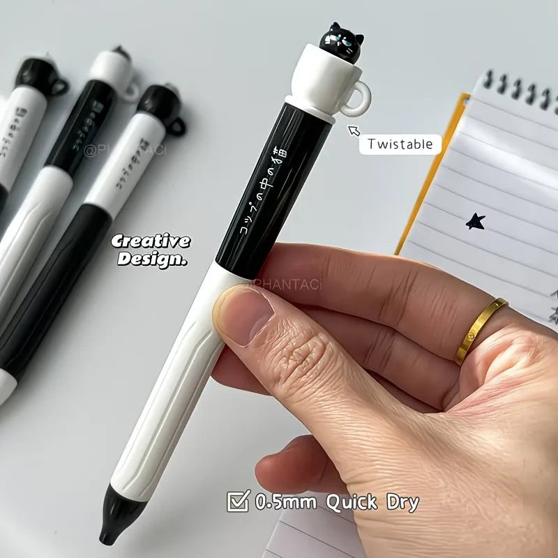 1/4pcs Cute cat-themed ballpoint pen - 0.5mm quick-drying black ink, twist-up design, ideal for office and school supplies. Oasis Select 1pcs black