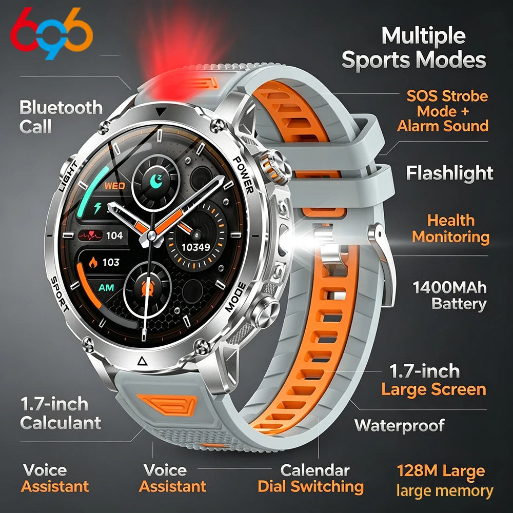 Military 1400mAh Battery Smart Watch Men Outdoor Flashlight Waterproof Heart Rate BT Call Sports Bracelet Health Smartwatch SOS Oasis Select