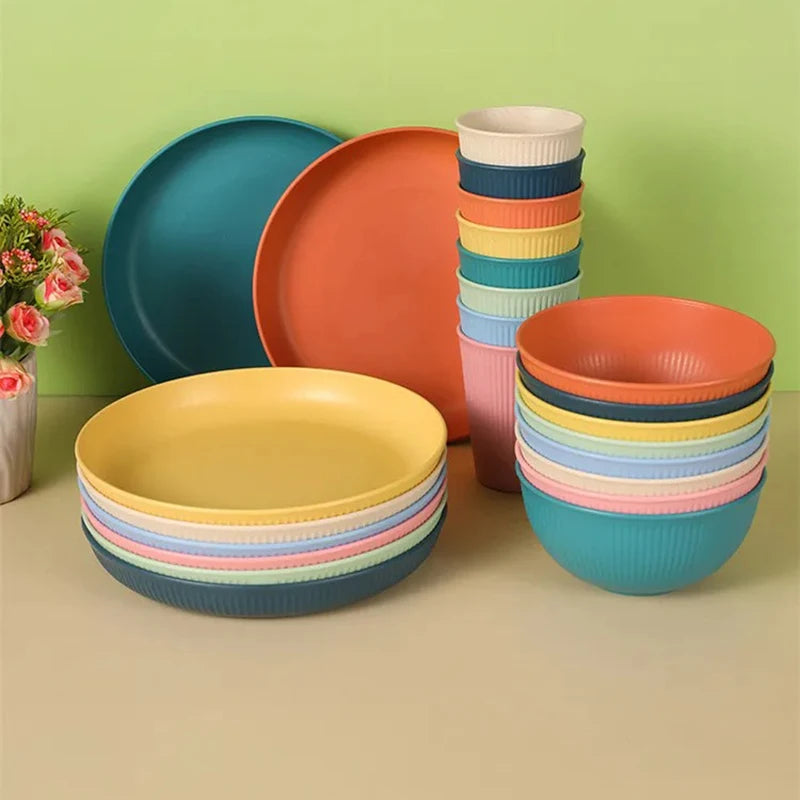 4pcs Wheat Straw Dinnerware Set Eco-friendly Safety Plates Cups Bowels Home Party Tableware Set Outdoor Camp Candy Colour Gift Oasis Select