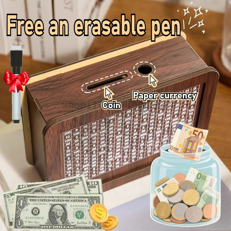 Wooden Piggy Banks, Dollar Cash Boxes, Reusable Assembled Cash Boxes, Home Decorations, with Savings Goals and Figures Oasis Select