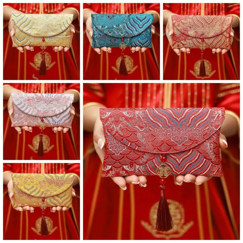 Traditional Spring Festival Red Envelope Embroidered Polyester Lucky Money Packet Tassel Thickened Wedding Hongbao Oasis Select