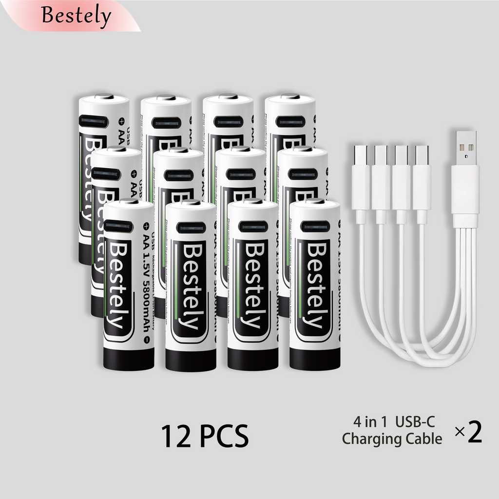 AA Rechargeable Batteries 1.5V 5800mAh Li-ion Battery Long-Lasting High Capacity Lithium Akku, 2000 Cycle with Free USB-C Cables Oasis Select 12 pcs batteries