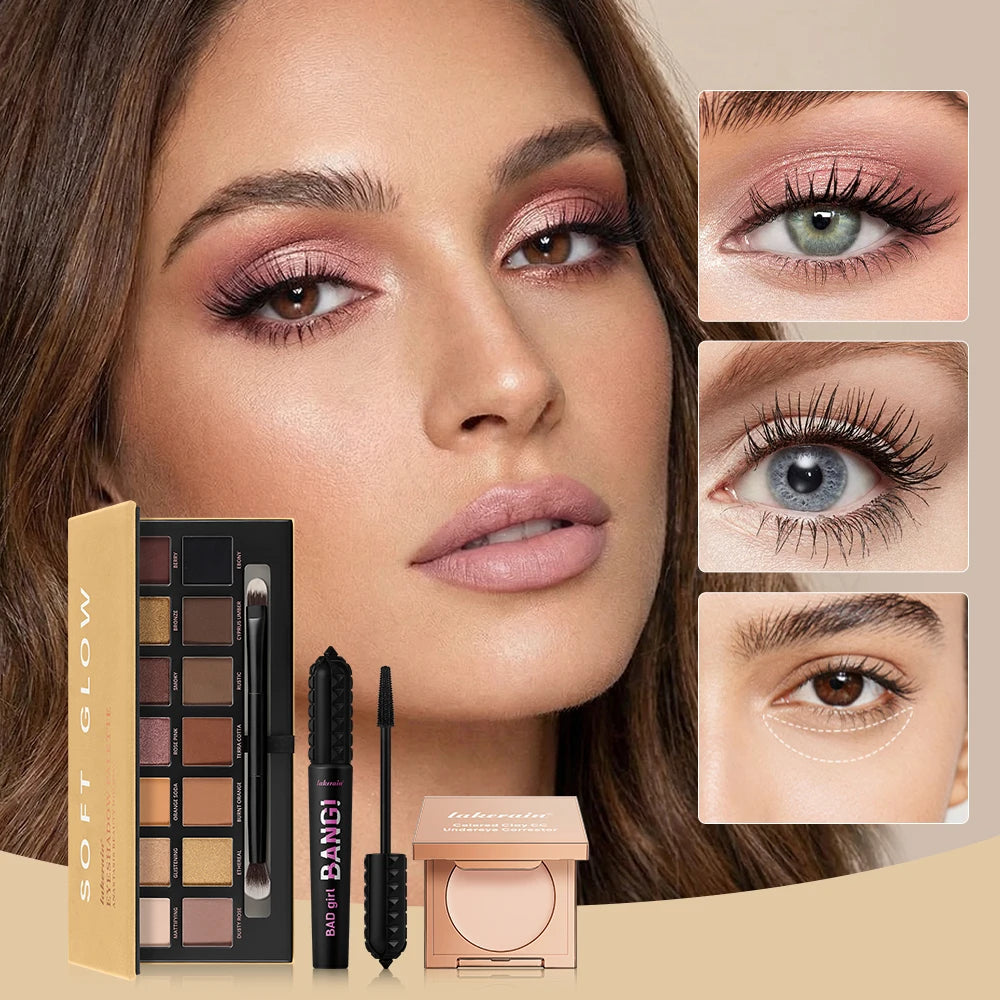 3pcs/set CC Full Coverage Undereye Color Corrector Glow Eyeshadow Palettes Volumizing Mascara Lasting Beauty Eyes Makeup Kit Oasis Select