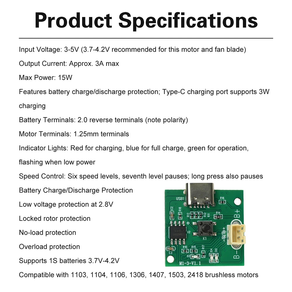 DC 3.7-4.2V Brushless ESC Mini Brushless Motor Speed Controller Handheld Fan Mini Heatsink Driver Board Six-Speed Adjustment Oasis Select