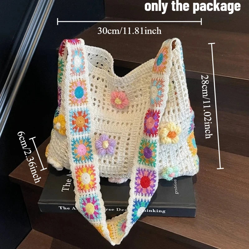Women's Boho Crochet Bag Designer Flowers Knitted Handbags Large Capacity Summer Beach Woven Shoulder Bag Girls Tote Shopper Bag Oasis Select Beige