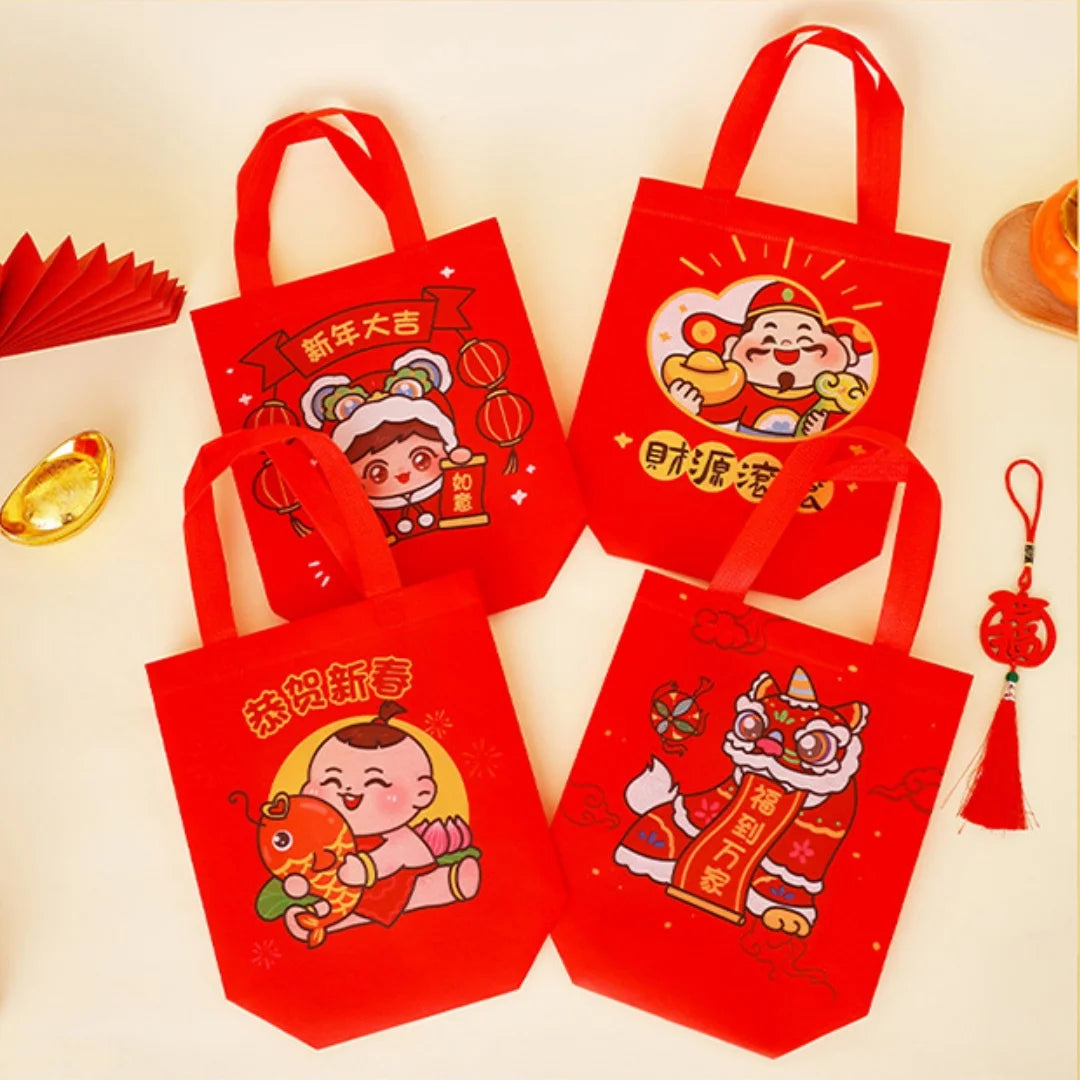 Non Woven New Year Gift Bag Foldable Gift Storage Bag With Handle Good Luck Wealthy Fortune Printed Tote Bag New Year Decoration Oasis Select
