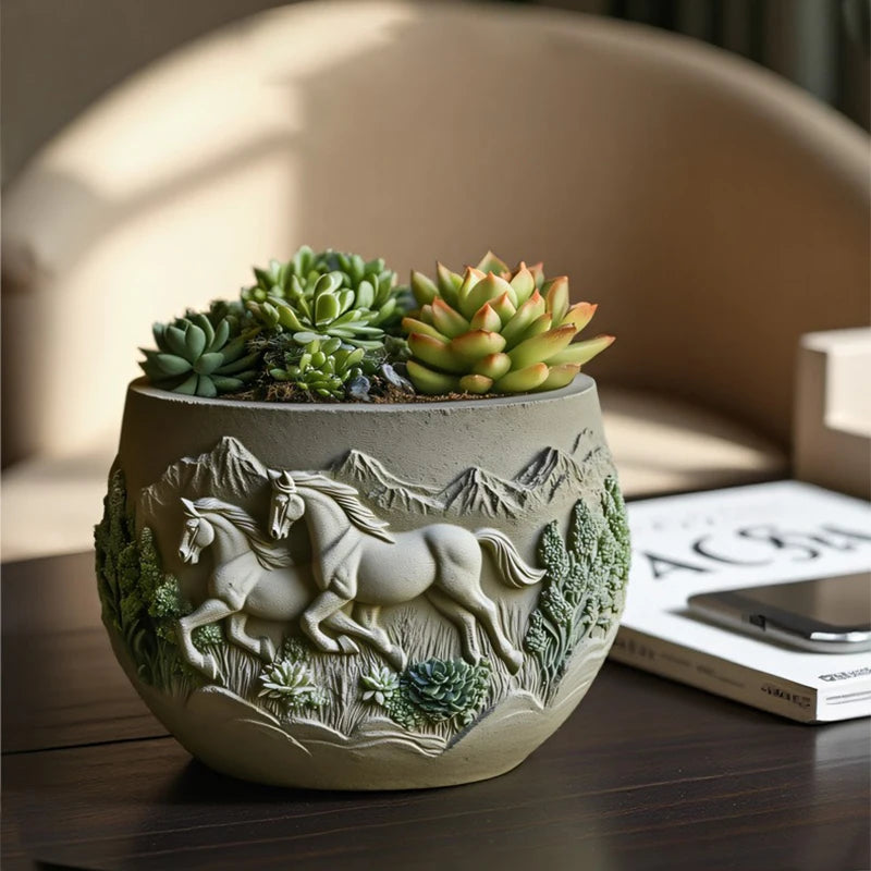 Running stallion relief succulent plant flowerpot resin silicone mold grassland warhorse storage box mould horse gypsum molds Oasis Select