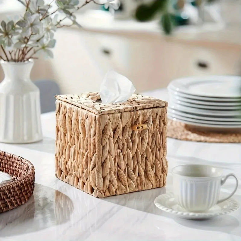Natural Fiber Snap Closure Multi Scene Use Storage & Decor All in One Boho Style Woven Tissue Box with Lid Oasis Select
