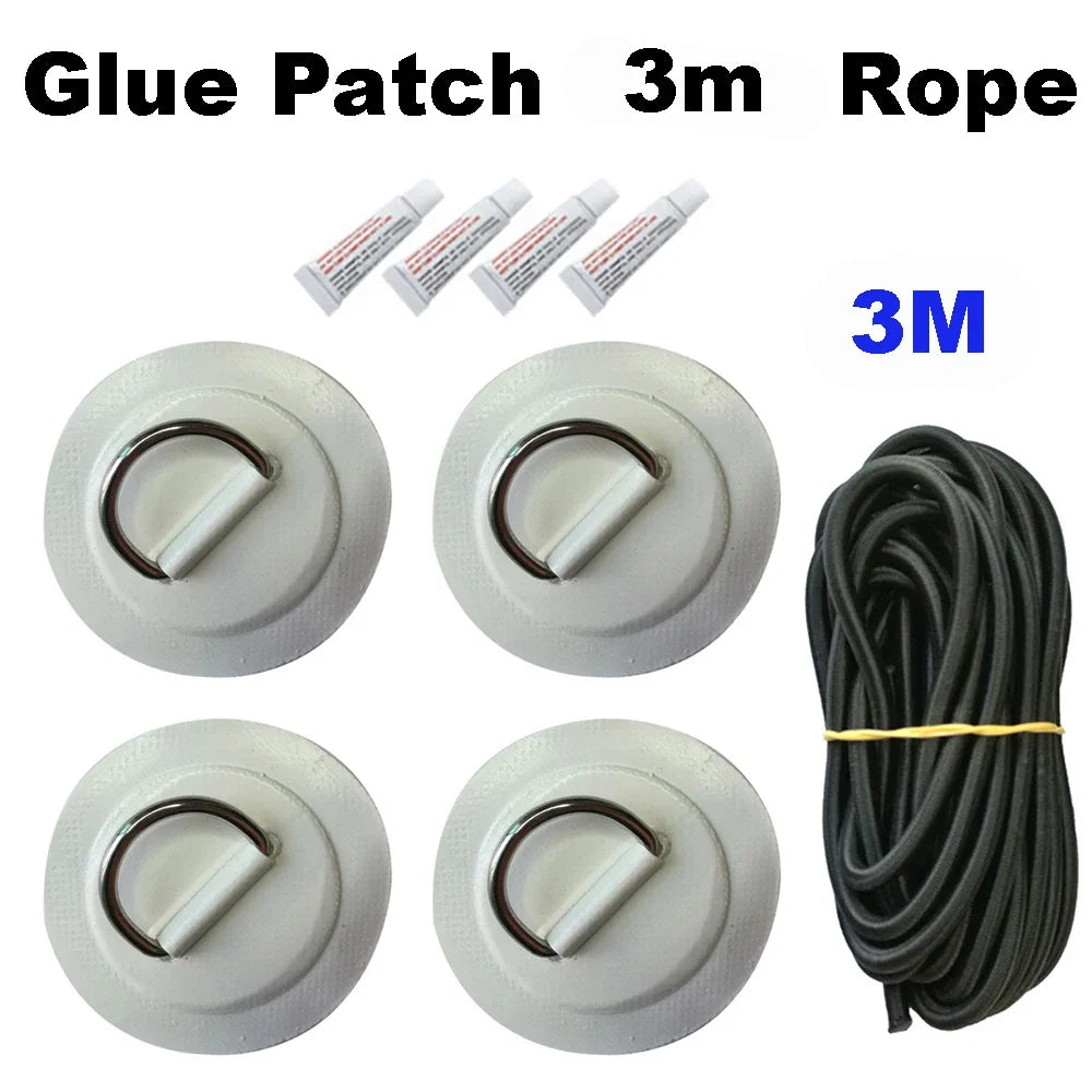 Surfboard Dinghy Boat PVC Patch With Stainless Steel D Ring Deck Rigging Sup Round Ring Pad 5M Elastic Bungee Rope Kit Oasis Select 4 White 4G 3M Rope