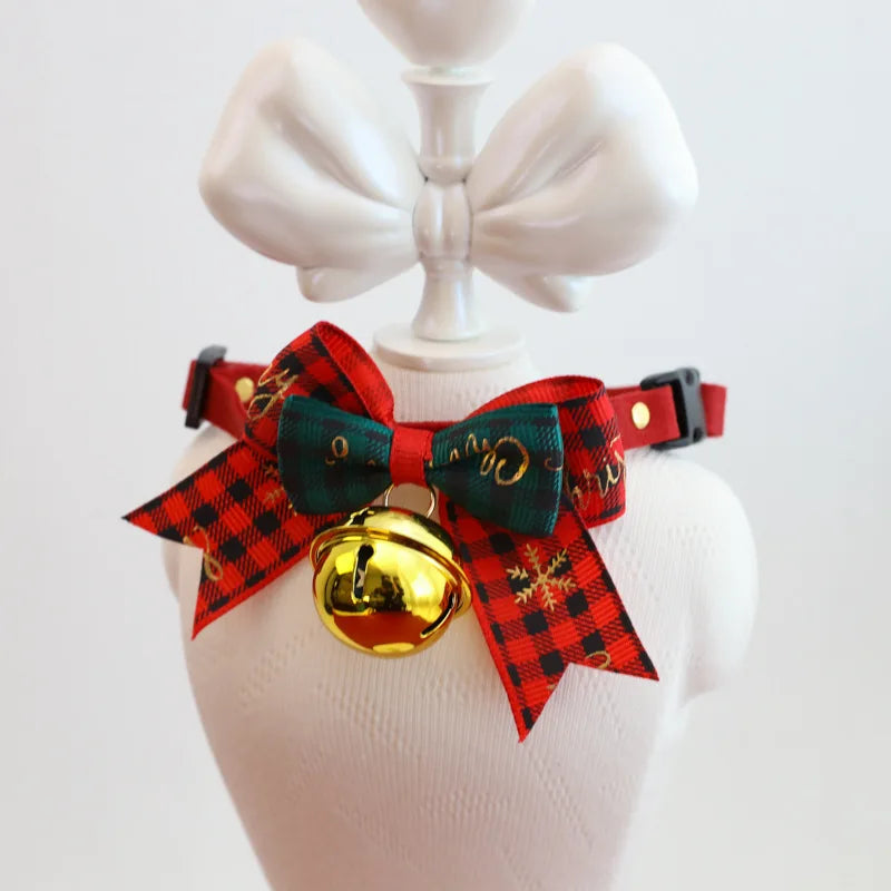 Christmas Pet Collar with Bell Bow Red Green Themed Adjustable Dog Cat Necklace Holiday Party Photo Prop Pet Fashion Oasis Select