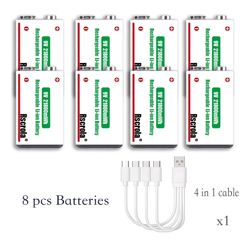 21800mWh High Capacity Rechargeable 9V Lithium ion Battery with USB-C for Guitar Microphone Smoke Detector Pedal with Cable Oasis Select 8 pcs 9v Batteries 9v