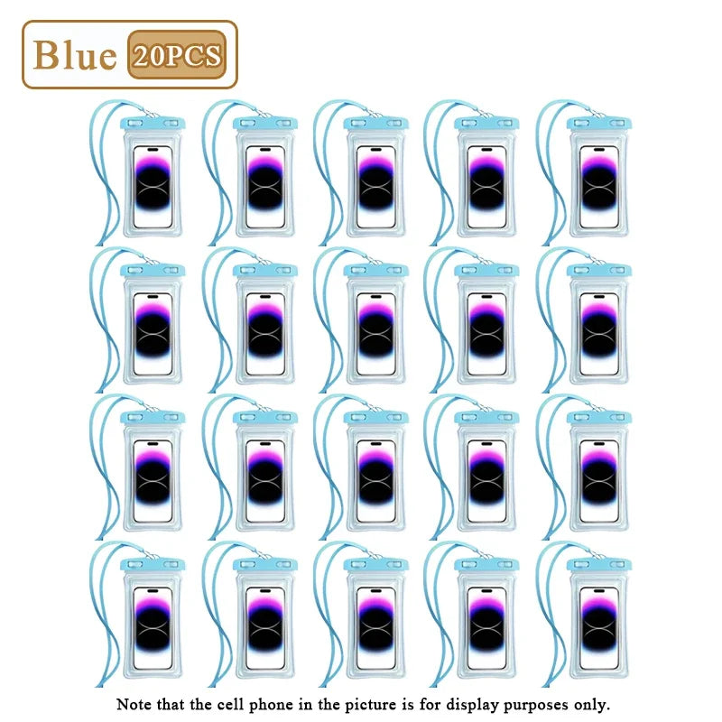 1-20PCS High Transparency Waterproof Phone Pouch with Air Cushion Floating Touch Screen Compatible for Swimming Rafting Beach Oasis Select Blue-20PCS