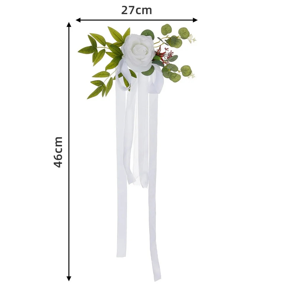 1pcs Wedding Aisle Decoration Pew Flowers with Artificial Rose Eucalyptus Ribbon for Wedding Ceremony Church Chair Decor Oasis Select White