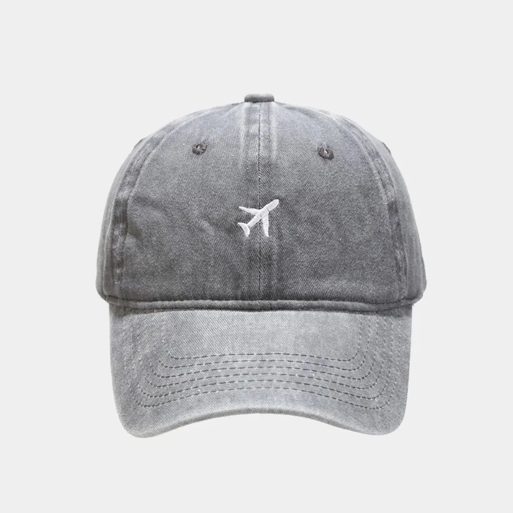 Washed Cotton Airplane Embroidered Baseball Cap Hip Hop Adjustable Peaked Cap Distressed Sunscreen Plane Dad Hat Oasis Select Grey