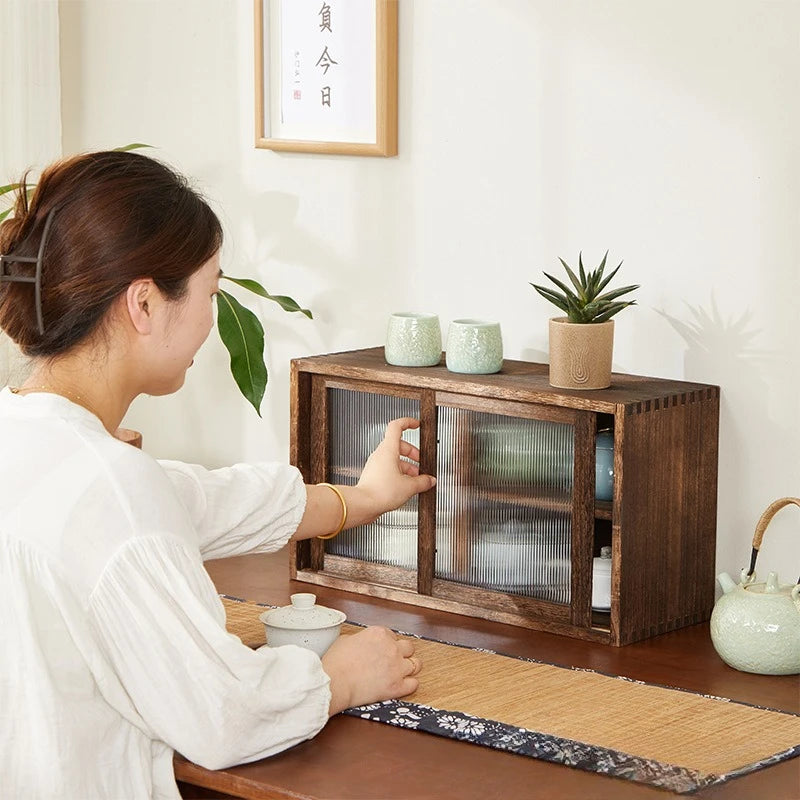 Desktop solid wood storage box, cup storage cabinet, tea set and water cup shelf, glass tableware storage, dust-proof cabinet Oasis Select