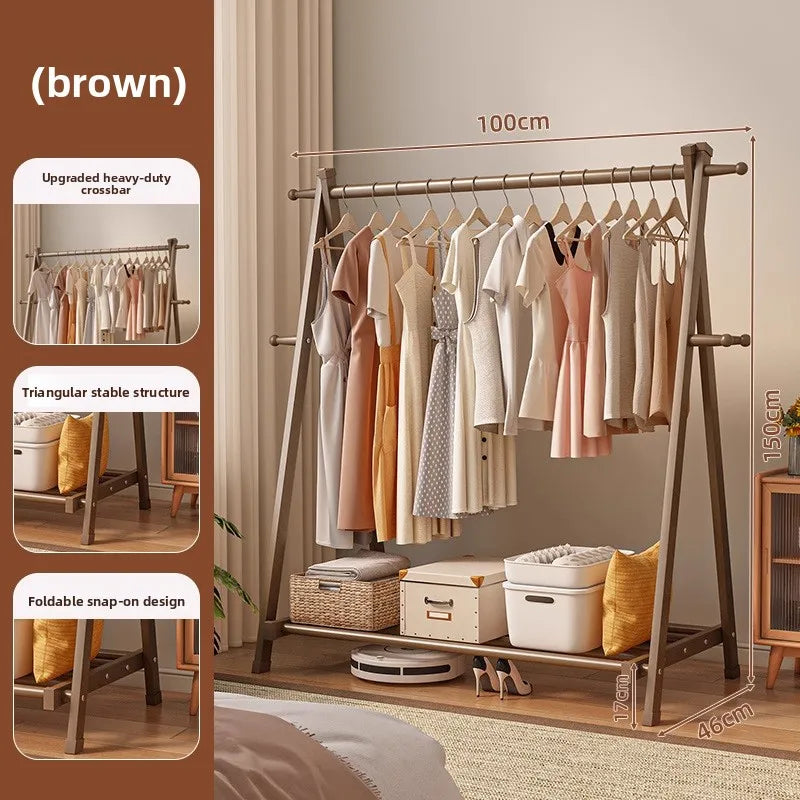 Solid wood coat rack household hanger floor-to-ceiling bedroom balcony drying clothes storage rack hanging bag rack Oasis Select Brown-100cm