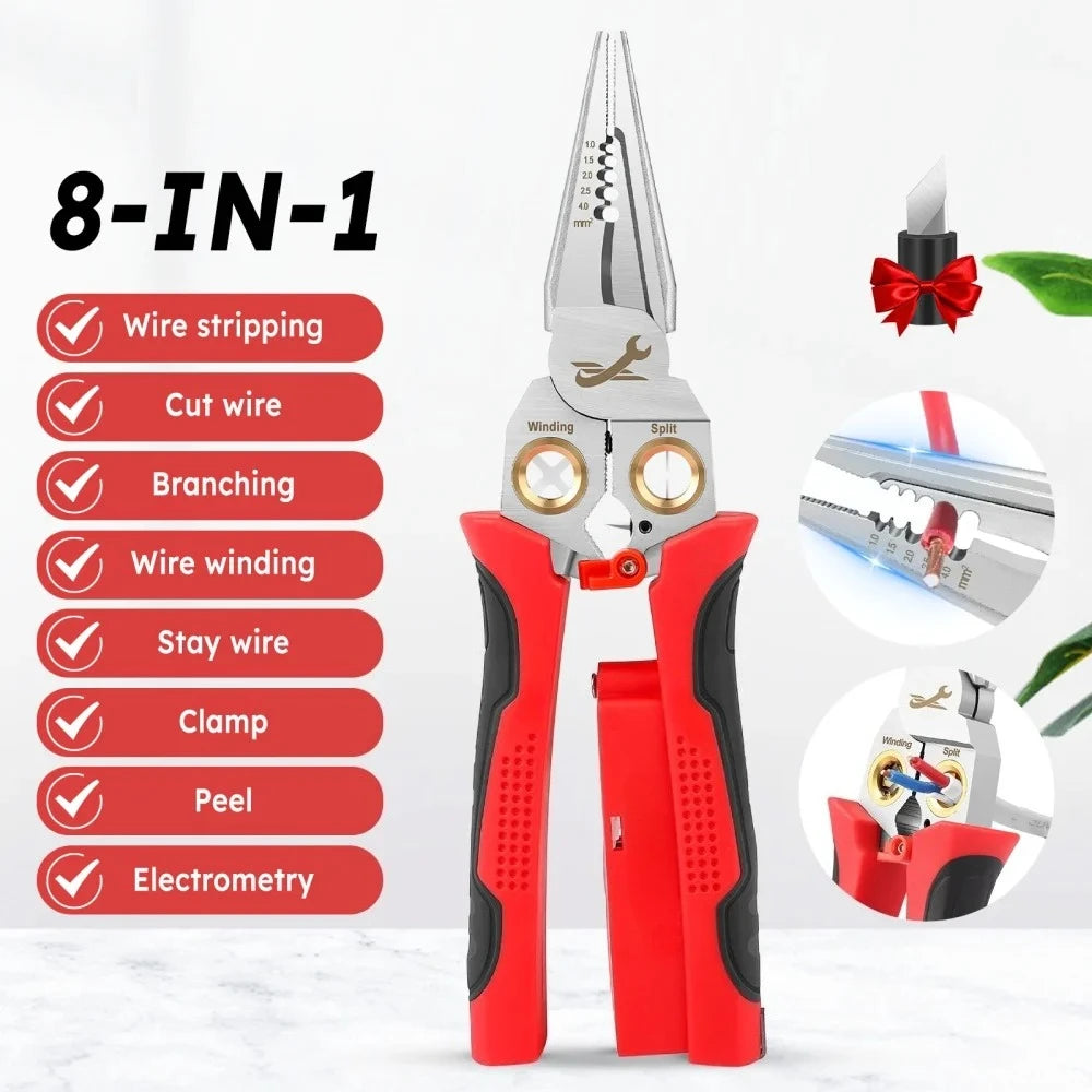 JUSTINLAU 8-in1 Electrician's Pliers Multi-function Wire Stripper Stainless Steel Needle-nose Pliers with Electrical Measurement Oasis Select Red