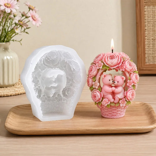 3D Hugging Bears Flower Basket Silicone Mold | Candle & Soap DIY Silicone Craft Mold Oasis Select