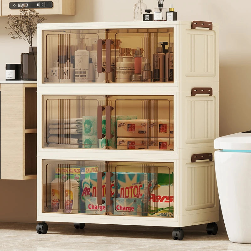 Foldable storage cabinet - movable multi-level double-door storage cabinet - living room and kitchen transparent storage box Oasis Select