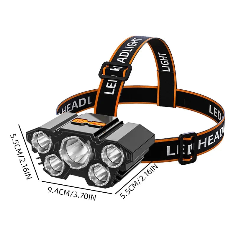 5 LED Headlamp Rechargeable with Built in Battery Strong Light Headlight Camping Adventure Fishing Head Light Flashlight Oasis Select