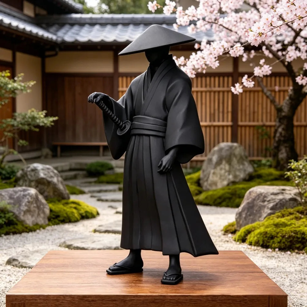 Wandering Ronin Statue Japanese Straw Hat Samurai Sculpture, Oriental Bushido Desktop Ornament for Study Room Home Decor Gift Oasis Select
