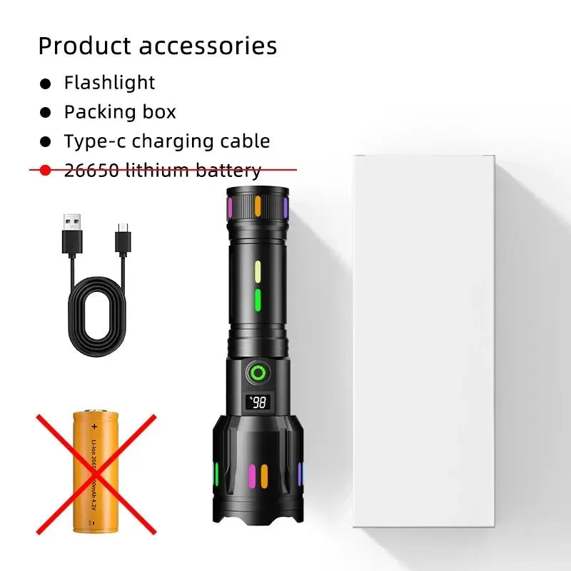 Long Range LED Flashlight High Power Spotlight Fluorescent Absorbing Film Luminous Colorful Zoom Flashlight Camping Emergency Oasis Select G61-BH-no-battery