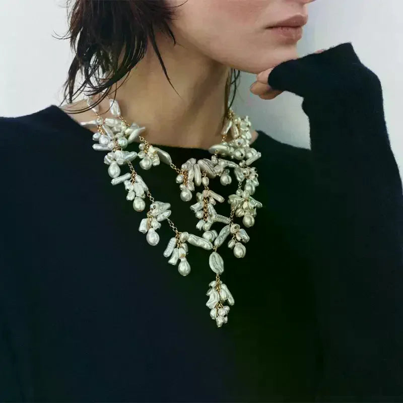 New Trendy Double Layered Irregular Pearl Pendant Necklace Baroque Party Dress Up Women's Neck Jewelry Gift Oasis Select