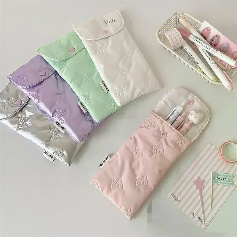 INS Style Bow Embossed Pencil Case Student Stationery Storage Bag Pencil Bag Portable Sunglasses Storage Bag Oasis Select