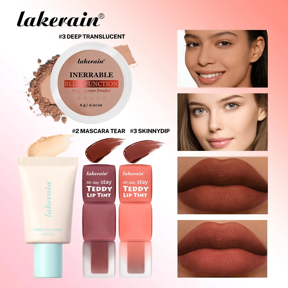 4pcs/set Pore No More Primer + Lip Tint + Loose Setting Powder Makeup Set Matte Long-Lasting Waterproof Effect Travel Portable Oasis Select SET 3