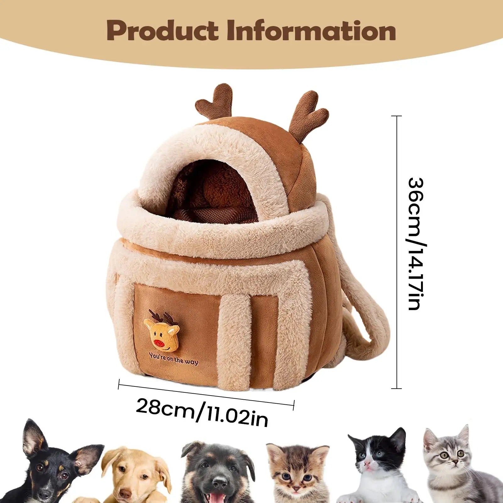 Cat Dog Bag Carrier Pet Plush Elk Shape Backpack Winter Puppy Outgoing Backpack for Small Dog Cats Outdoor Camping Indoor Winter Oasis Select