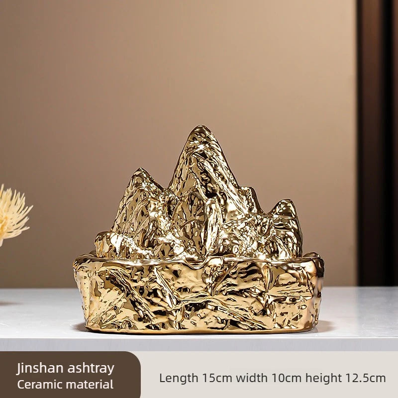 Mid Ancient Style Ceramic Rockery Ashtray Home Office Coffee Table Large Size with Cover Anti Ash Flying Ornament Oasis Select gold