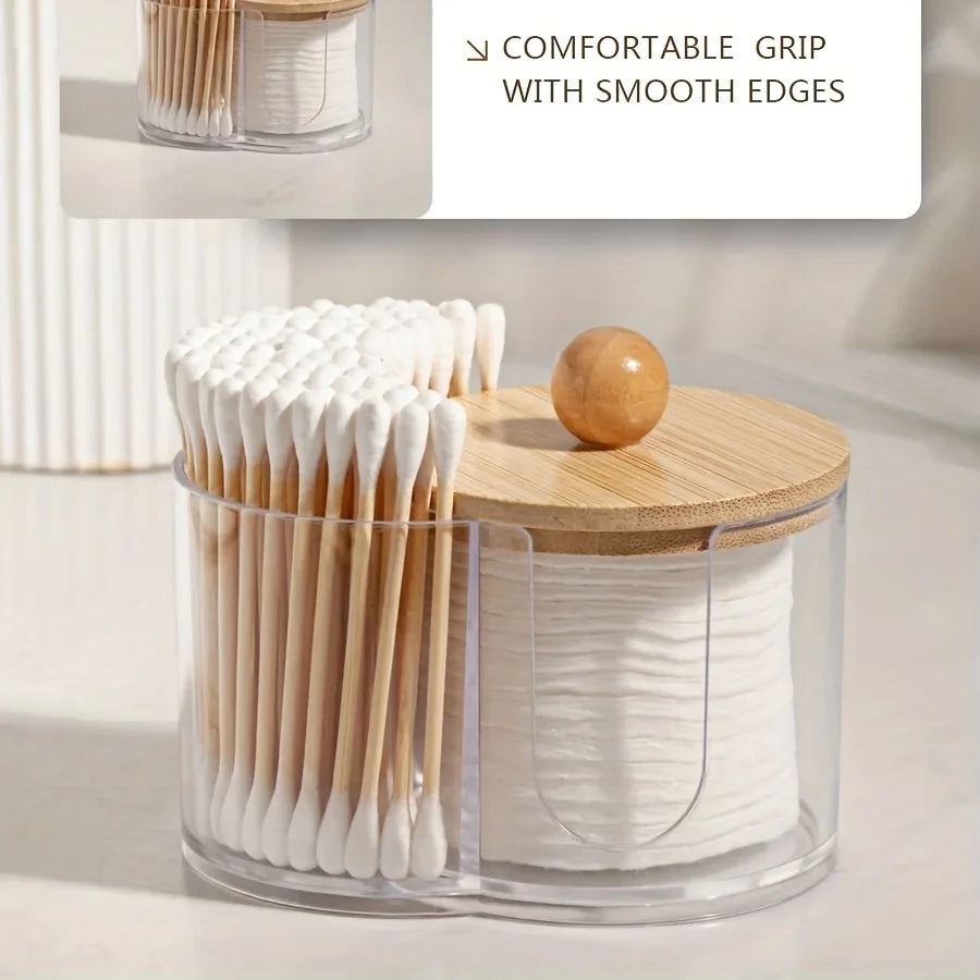 2-in-1 Clear Cotton Pad Swab Organizer Bamboo Lid Dual Compartment Space Saving Bathroom Vanity Storage Box with Bamboo Cover Oasis Select