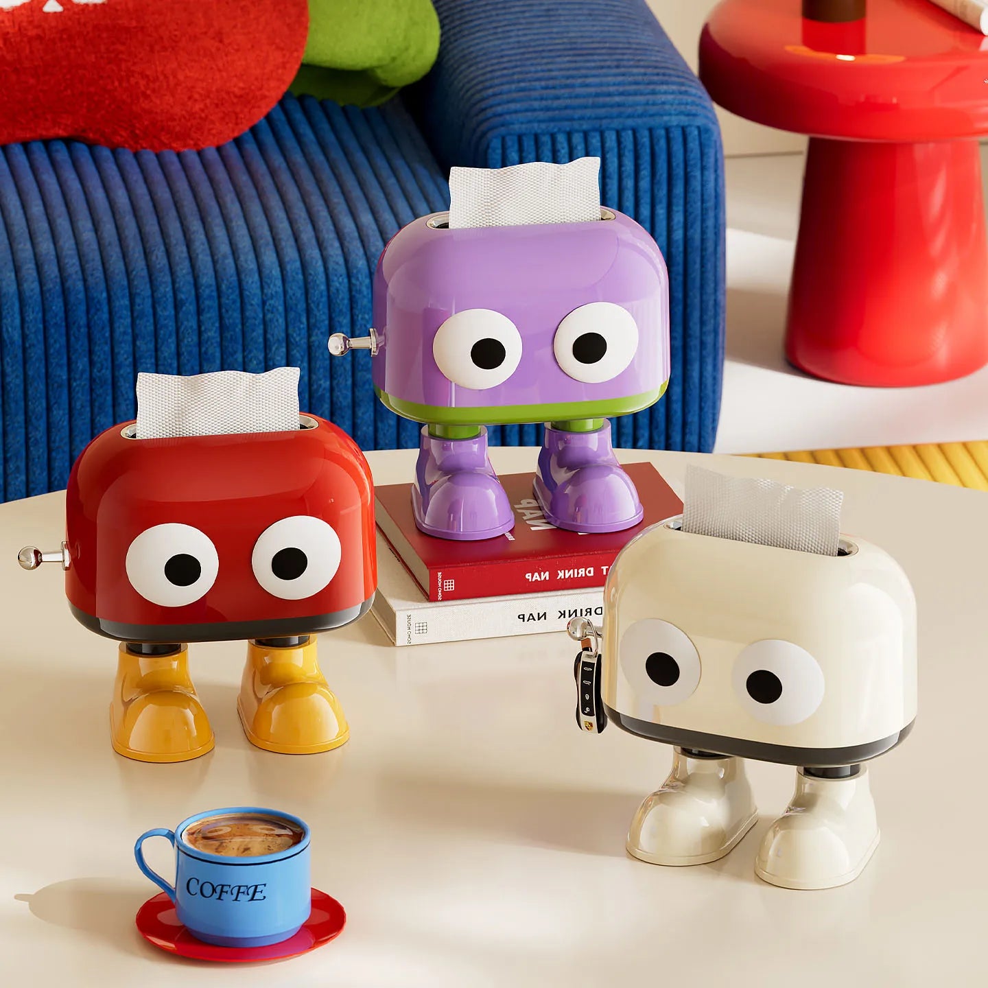 Cute tissue box. Tissue holder with a spring mechanism. Features a cute cartoon eye design, perfect for living room Oasis Select