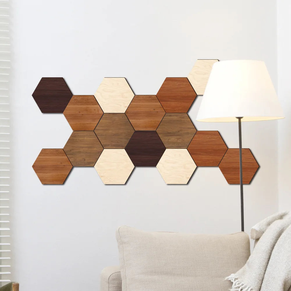 Creative Three-dimensional Combination Hexagonal Wooden UV-printed Wall Stickers for Home Background Wall Decoration Oasis Select