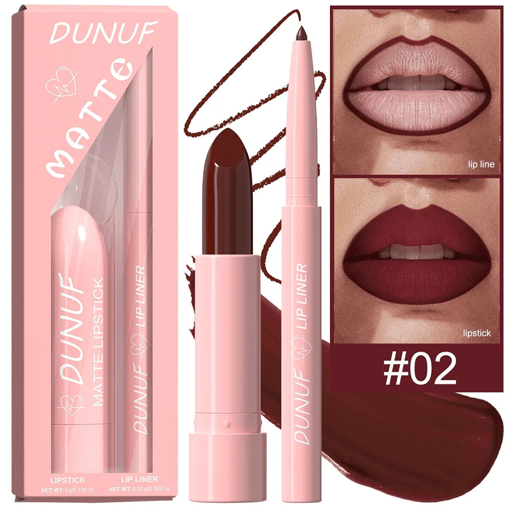 DUNUF 12-Color Matte Lipstick & Lip Liner Set – Waterproof