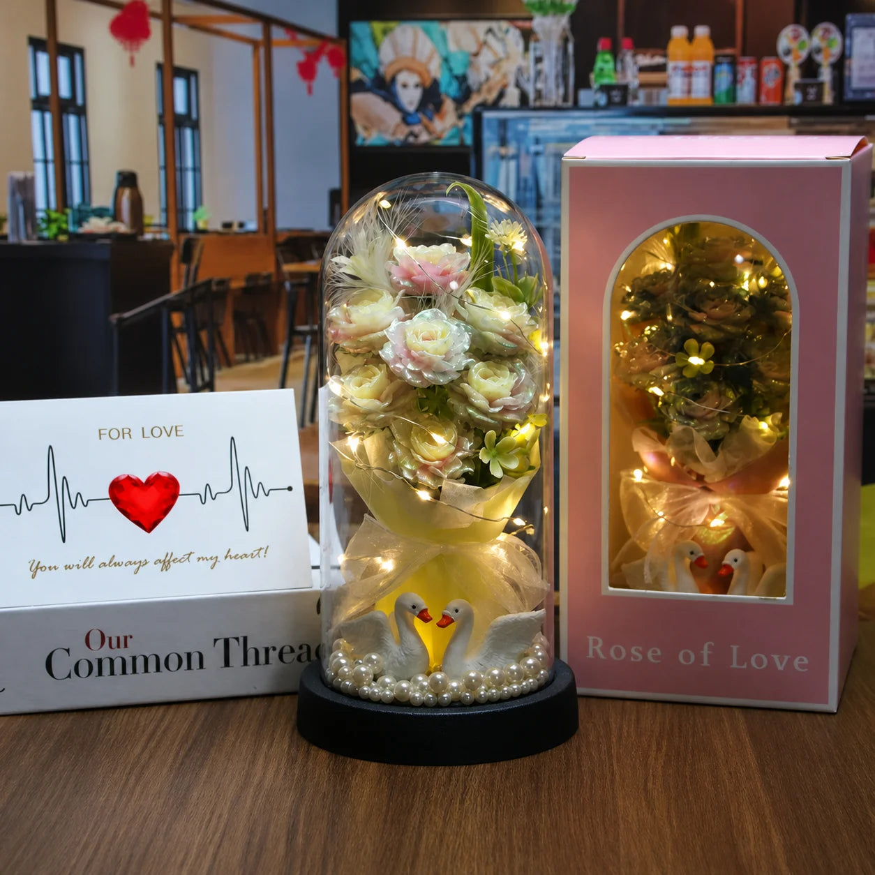 Glass Dome Ornament Handmade Decorative Flower Wreath Preserved Rose Bouquet Dust-Free Led Glowing Night Light For Valentine'S Oasis Select GradiSoft Pink White