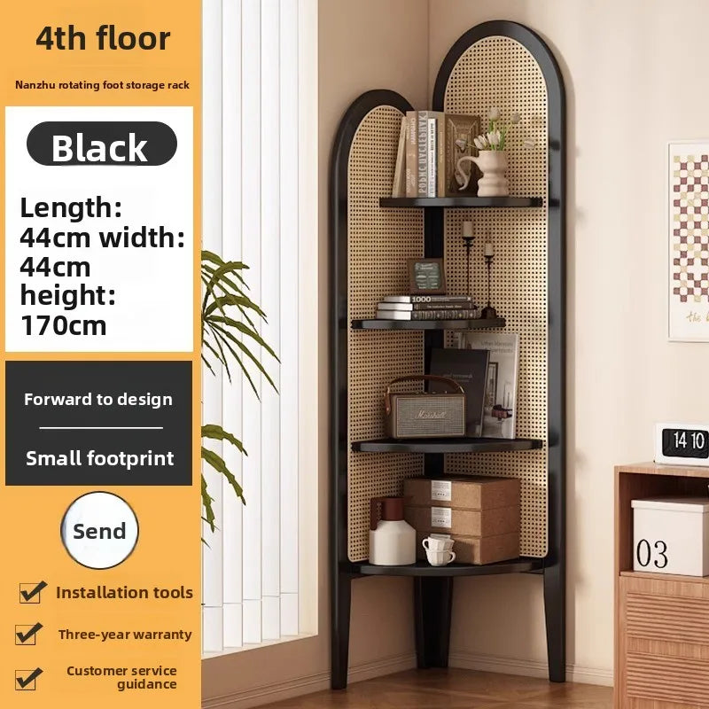 Chinese retro rattan corner decoration shelf, living room sofa wall edge book cabinet, bedroom solid wood triple crutch screen Oasis Select