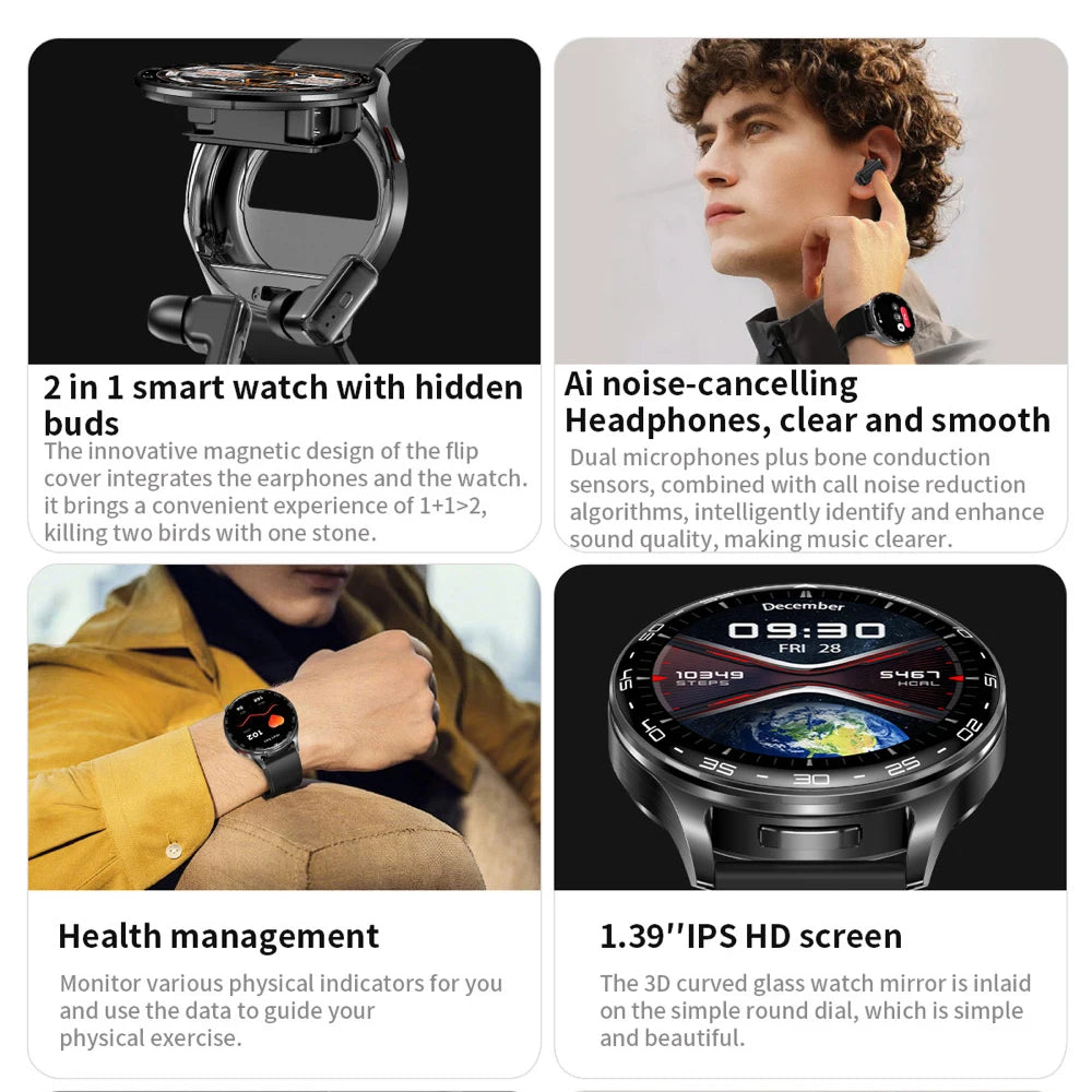1.39" Women Smartwatch Men 2 In 1 TWS Headset Smart Watch Sport Fitness Heart Rate Health Watches Noise Reduction Earphone Music Oasis Select