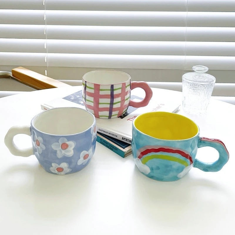 Ceramic Mug Espresso Coffee Cup Hand Drawing Underglaze Color Small Flower Rainbow Grid Ceramic Mug Breakfast Milk Tea Cups Oasis Select