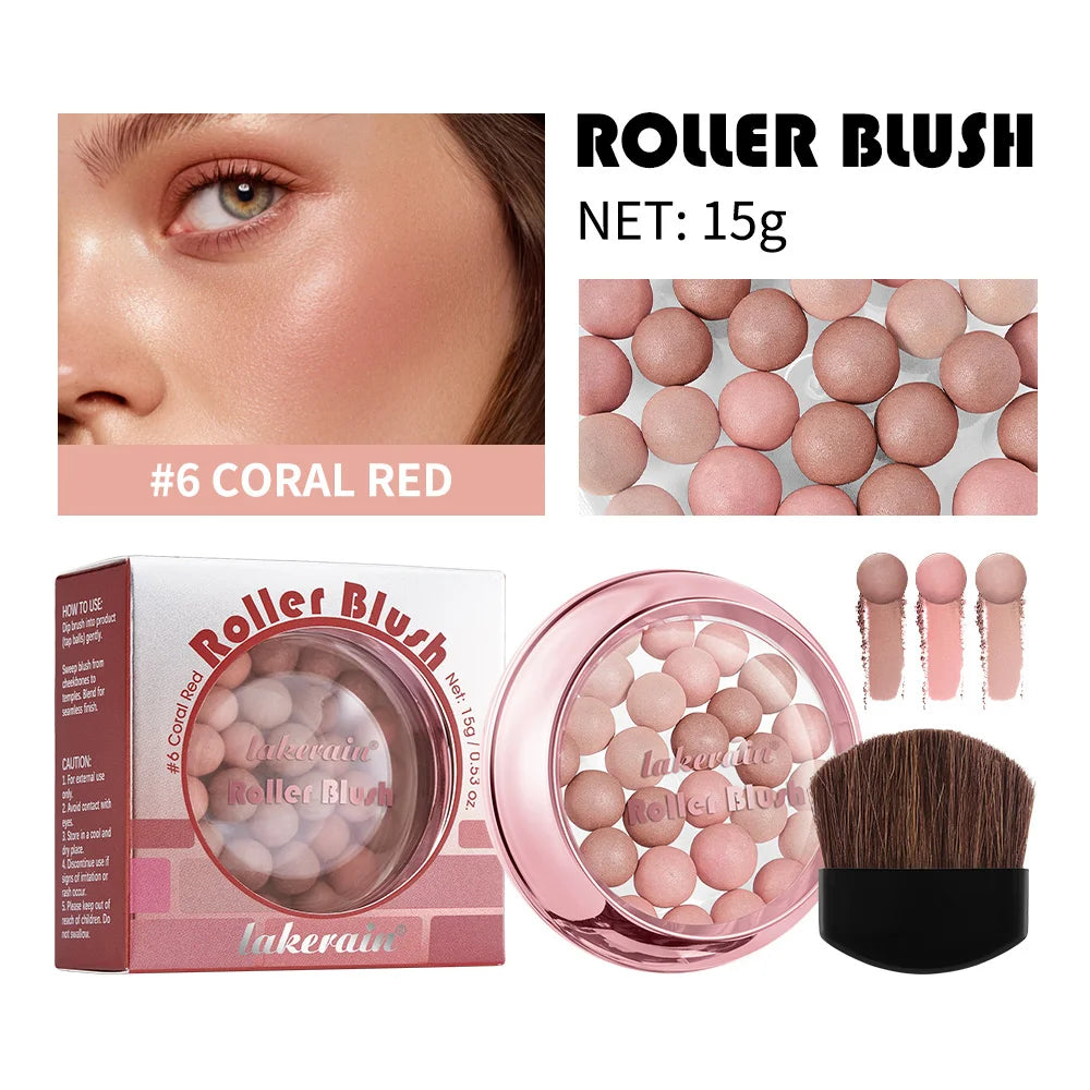 Spherical Roller Blush With Brush Natural Makeup Long Lasting Pearlescent Cosmetics For Women Face Contour Blusher Oasis Select 6Coral Red